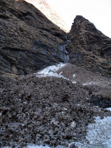 We crossed several mud, rock, and snow slide areas.