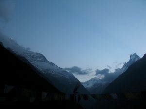 The sun just hitting the top of the Annapurna range.