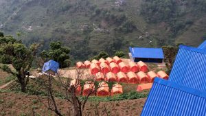 A tent village below us, and the settlements across the valley.