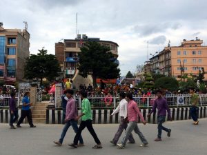 Jawalakhel Chowk with people "camping" in the center.